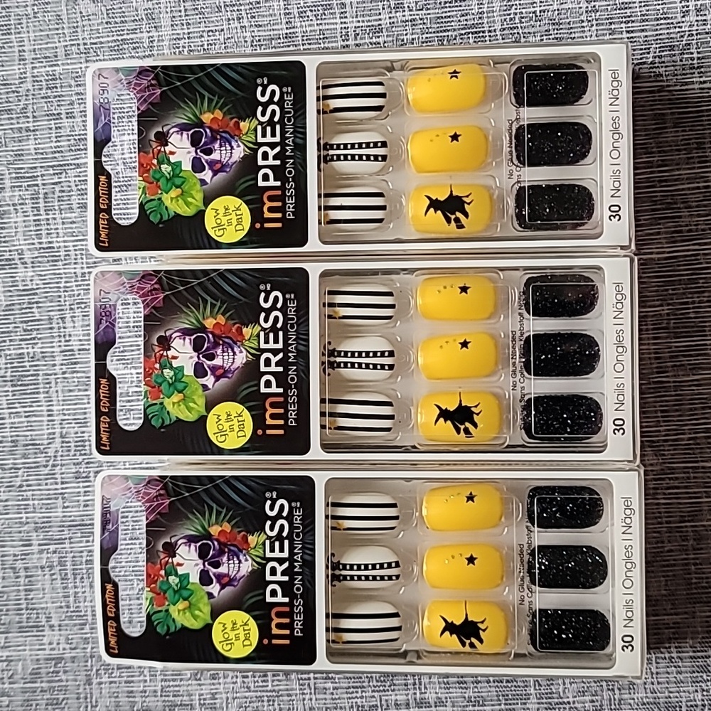 3 imPRESS Witch Halloween Press on Nails Black Yellow Glitter Medium Len…